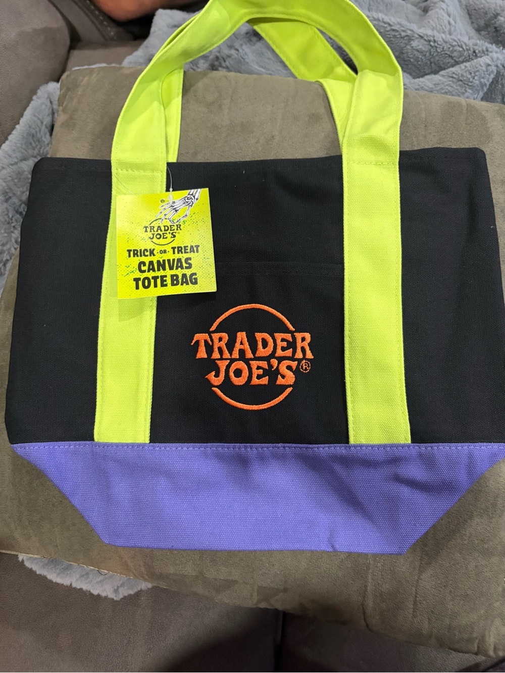 2026 Trader Joes Trick or Treat Canvas Tote Bag in Black, Lime & Purple